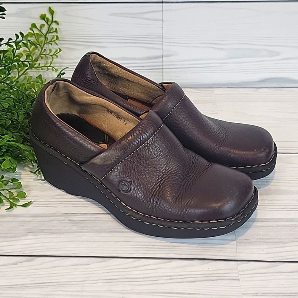 Born slip-on clog casual shoes - brown pebble leather Women's Size 8